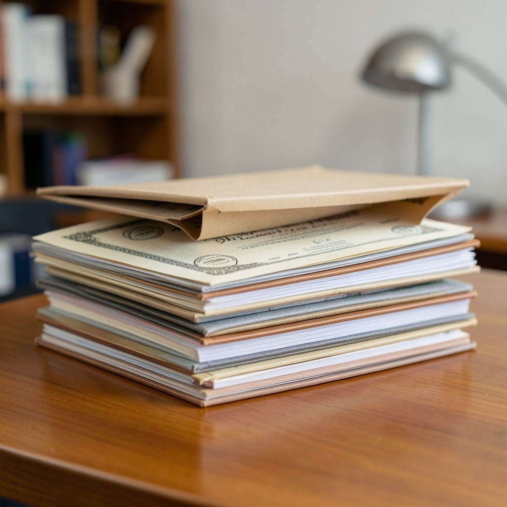Ordner mit Zeugnissen und Formularen auf einem Tisch