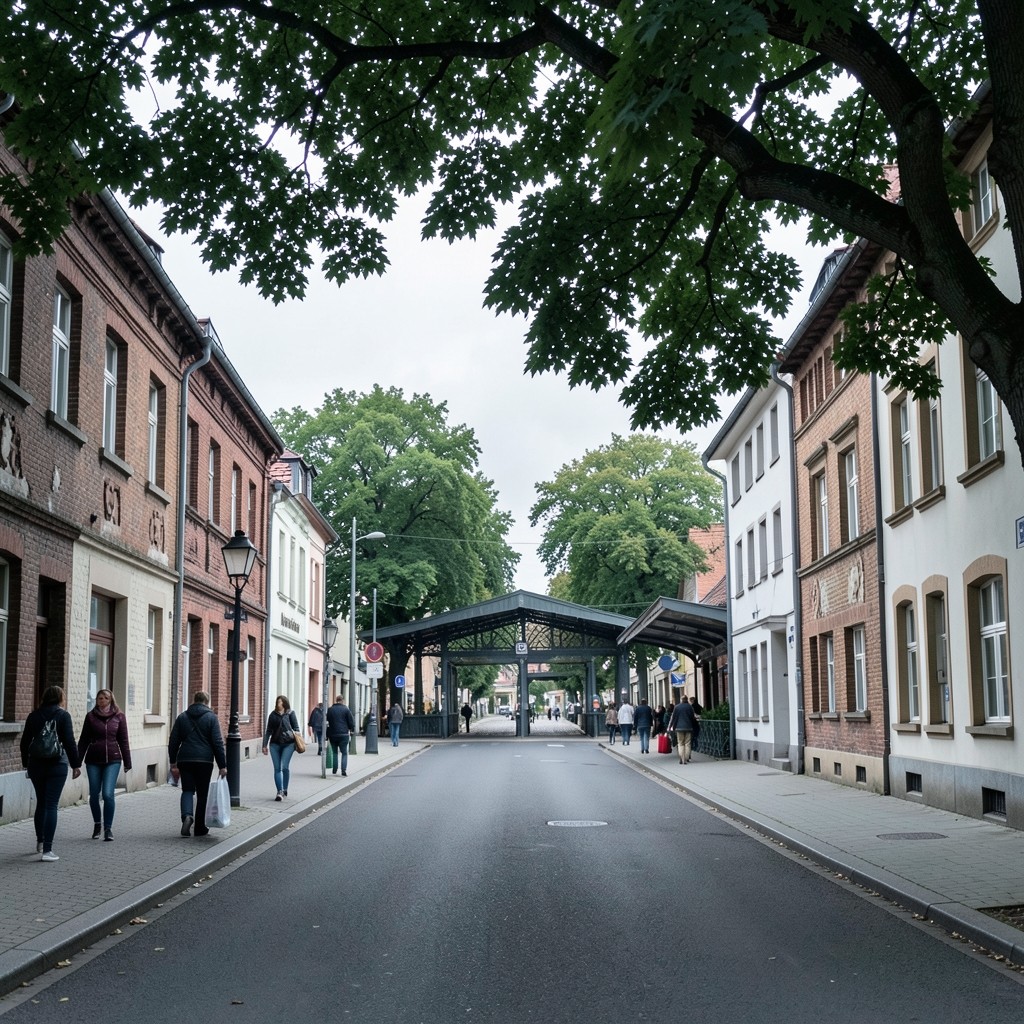 Stadtansicht mit Bahnhofsumgebung und Alltagsszene