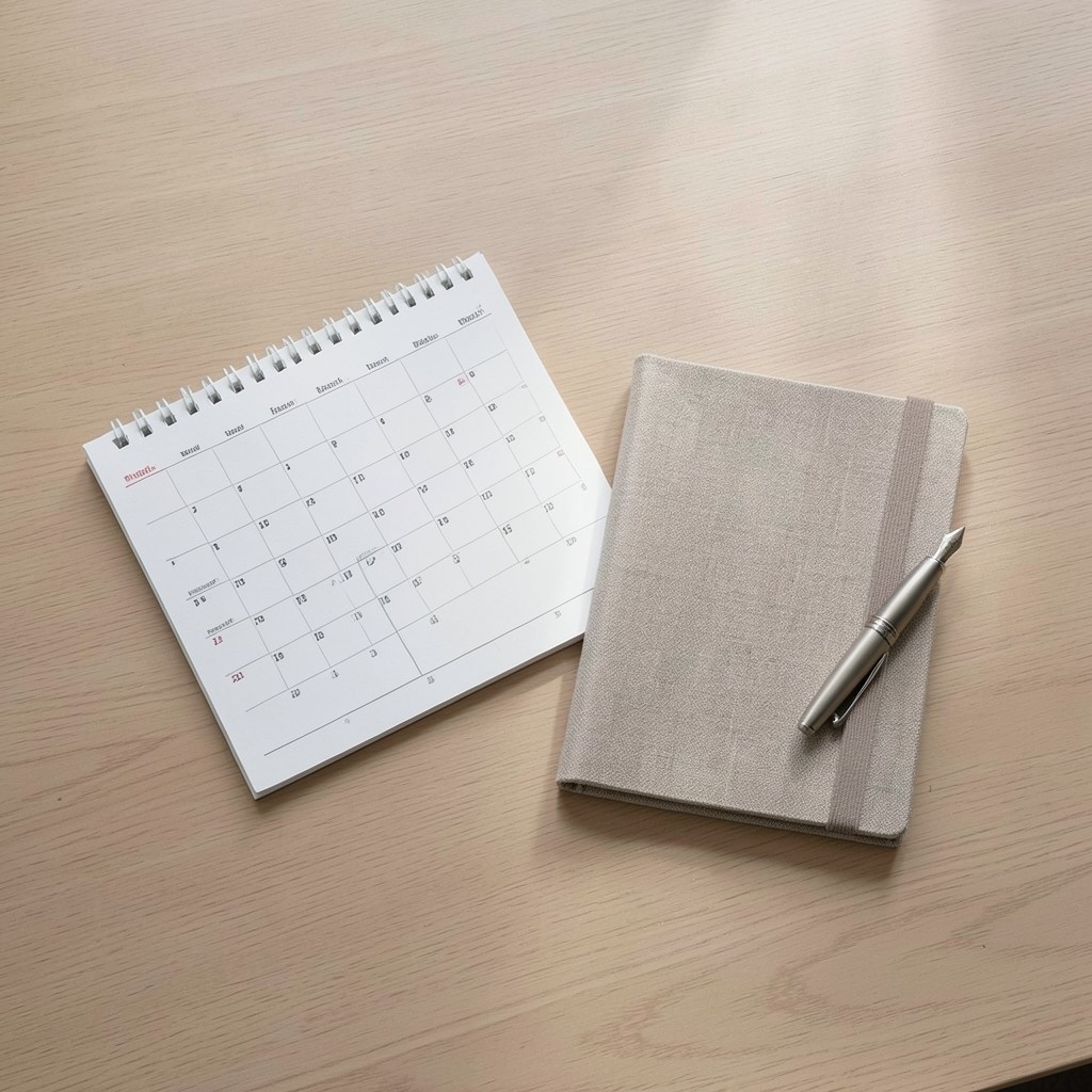 Kalender und Notizbuch auf einem Holztisch im Beratungsraum